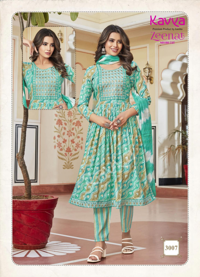 Kavya Zeenat Vol 3 Fancy Foil Printed Naira Style Readymade Kurti Combo Set