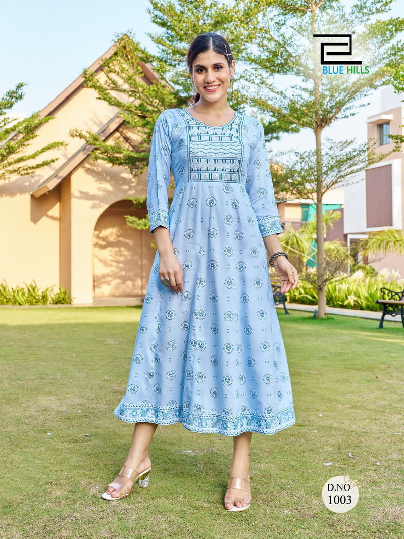 Blue Hills Zest Rayon Prints Fancy Party Wear Gowns For Woman