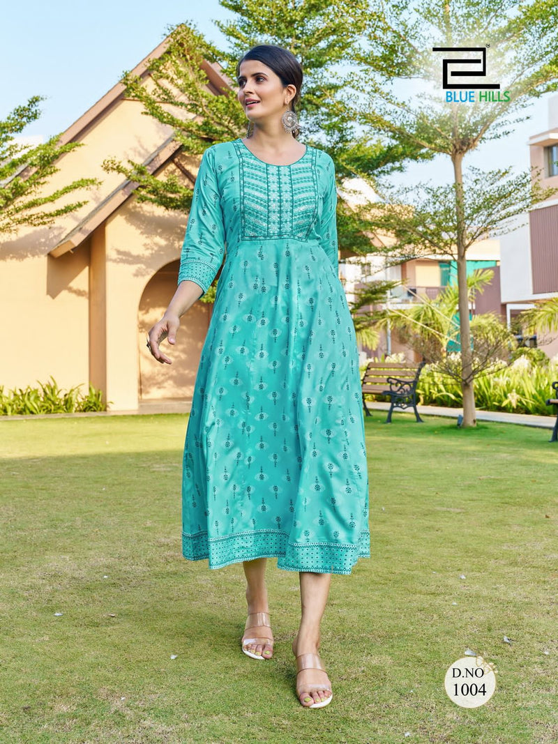 Blue Hills Zest Rayon Prints Fancy Party Wear Gowns For Woman