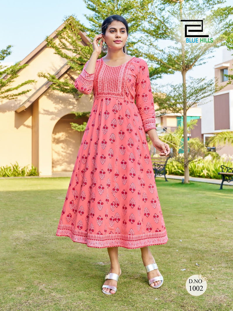 Blue Hills Zest Rayon Prints Fancy Party Wear Gowns For Woman