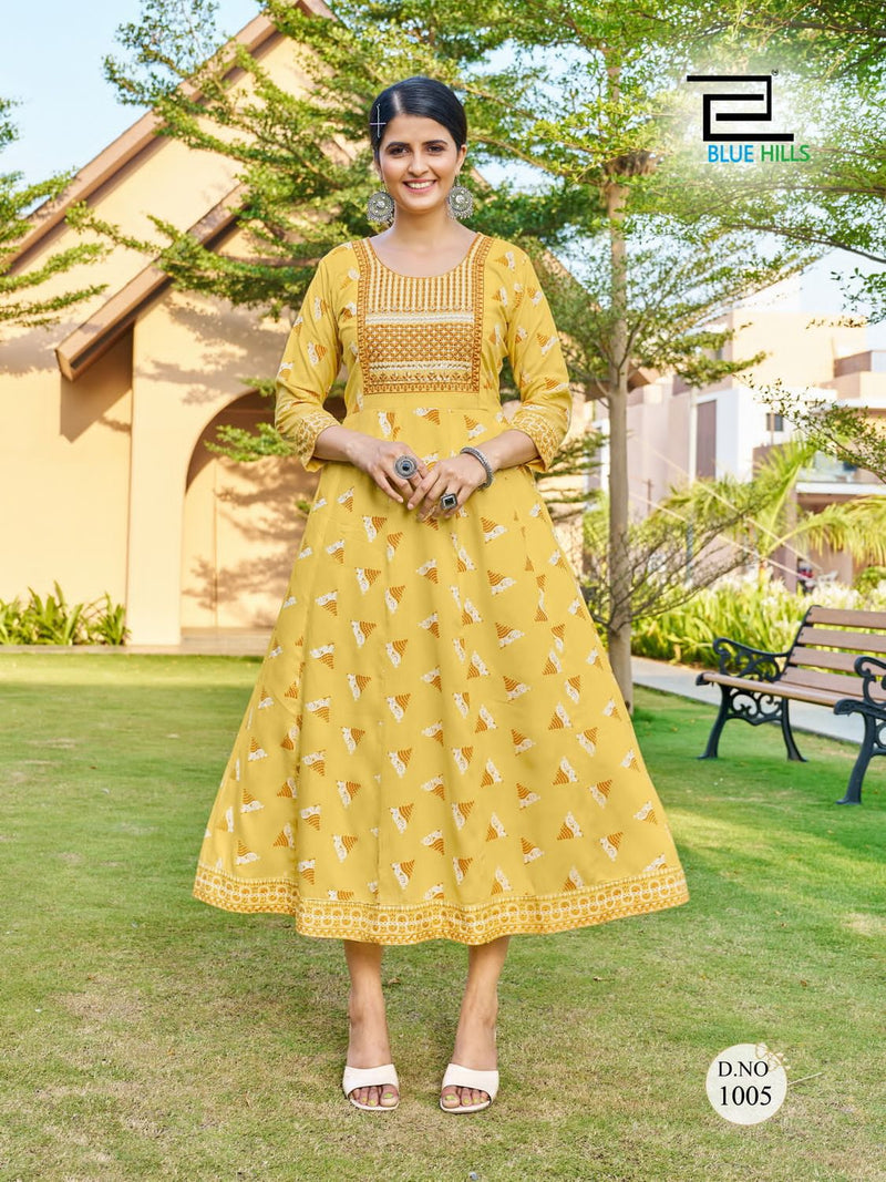 Blue Hills Zest Rayon Prints Fancy Party Wear Gowns For Woman