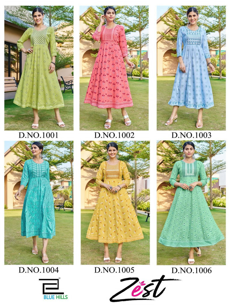 Blue Hills Zest Rayon Prints Fancy Party Wear Gowns For Woman