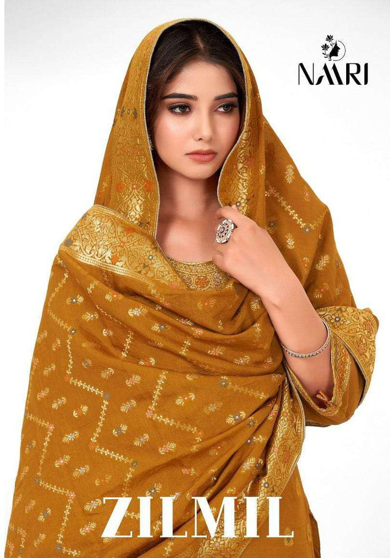 Naari Zilmil Muslin Jacquard With Designer Swarovski Work Suits
