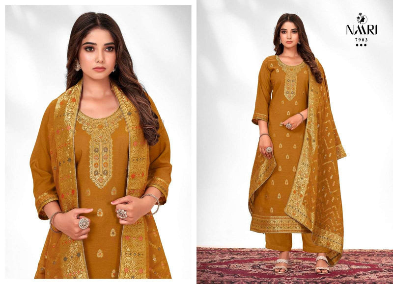 Naari Zilmil Muslin Jacquard With Designer Swarovski Work Suits