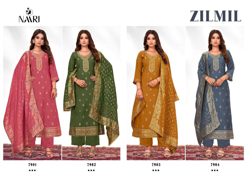 Naari Zilmil Muslin Jacquard With Designer Swarovski Work Suits
