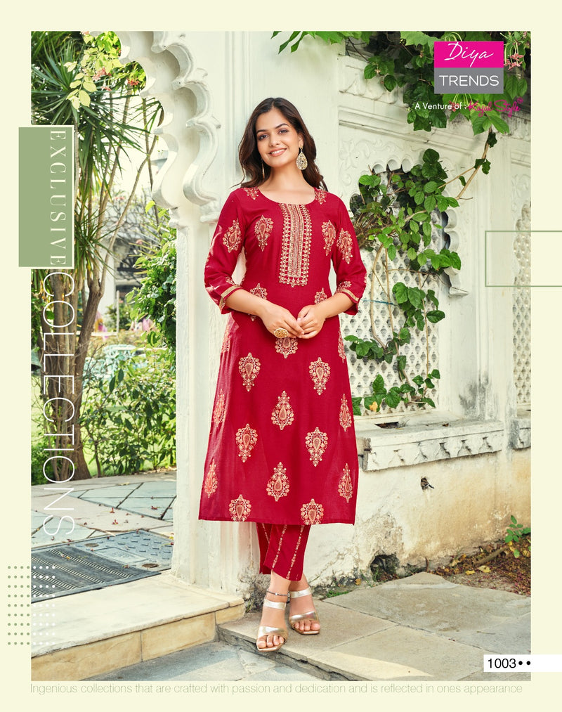 Diya Trends Zoori Vol 2 Rayon Gold Prints Fancy Embroidery Work Kurti With Pant Pair