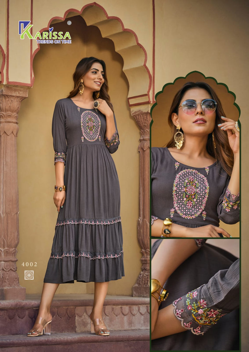 Karissa Zoya Rayon Fancy Hand Work Designer Naira Pattern Midi Gowns