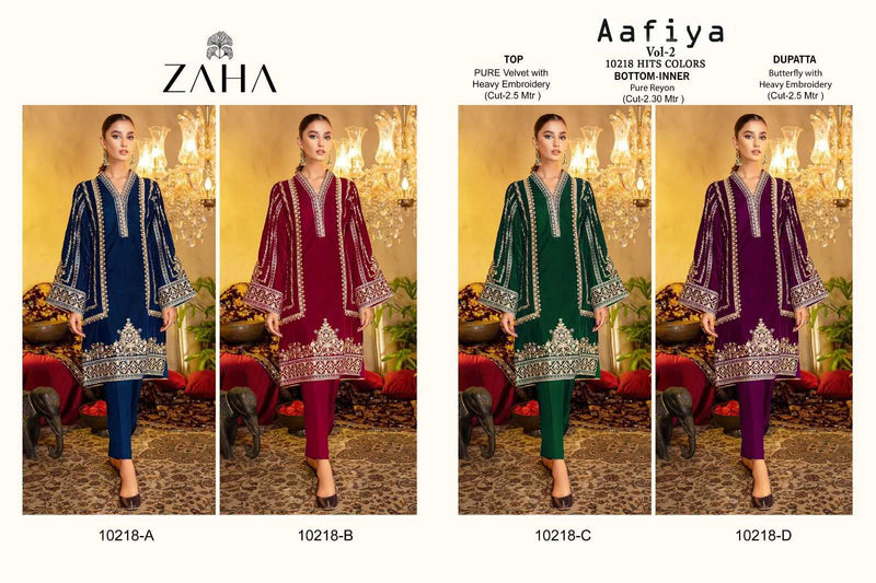 Zaha Aafiya Vol 2 10218 Pure Velvet Heavy Embroidery Work Pakistani Suit