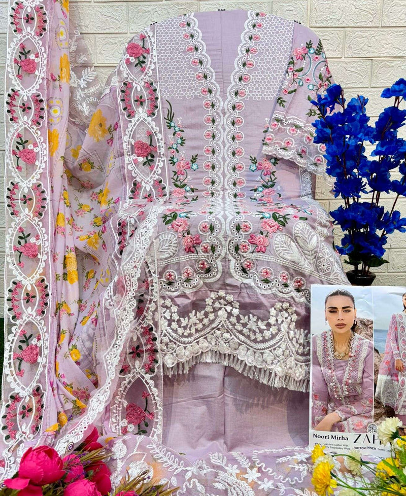 Zaha Noori Mirha Cambric Cotton With Heavy Embroidery Designer Pakistani Salwar Kameez