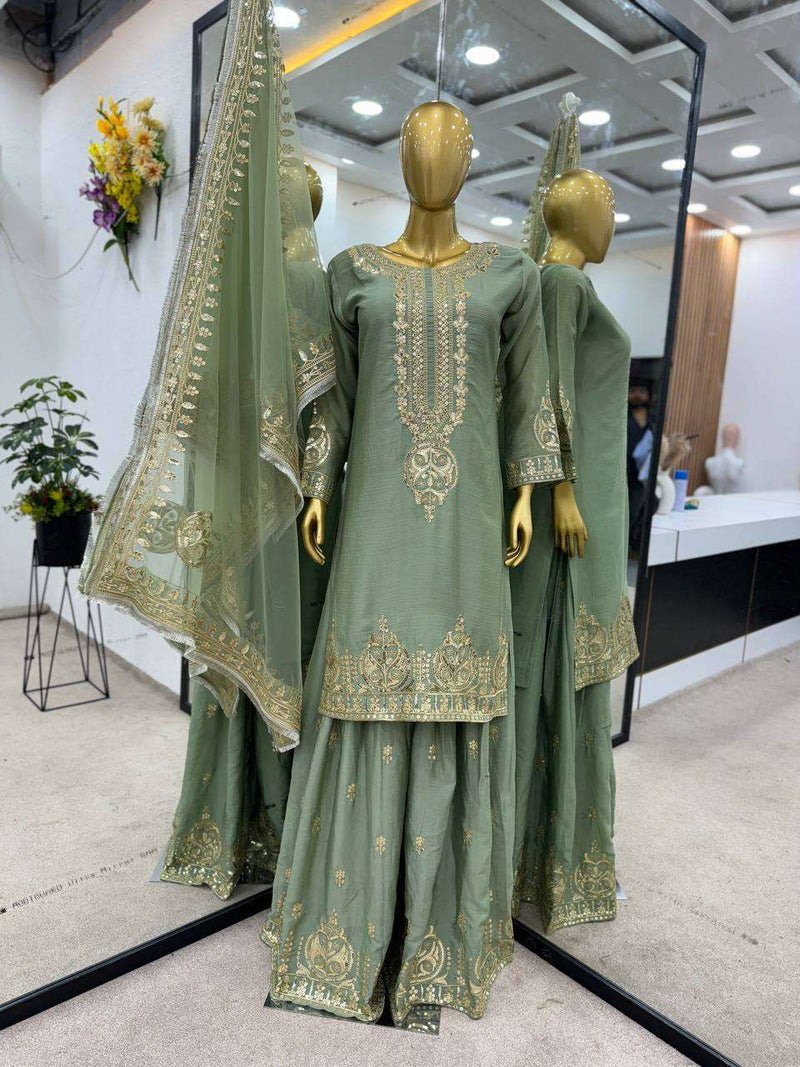 Zf 375 Chinon Silk Heavy Embroidery Sequence Work With Diamond Hand Work Salwar Kameez