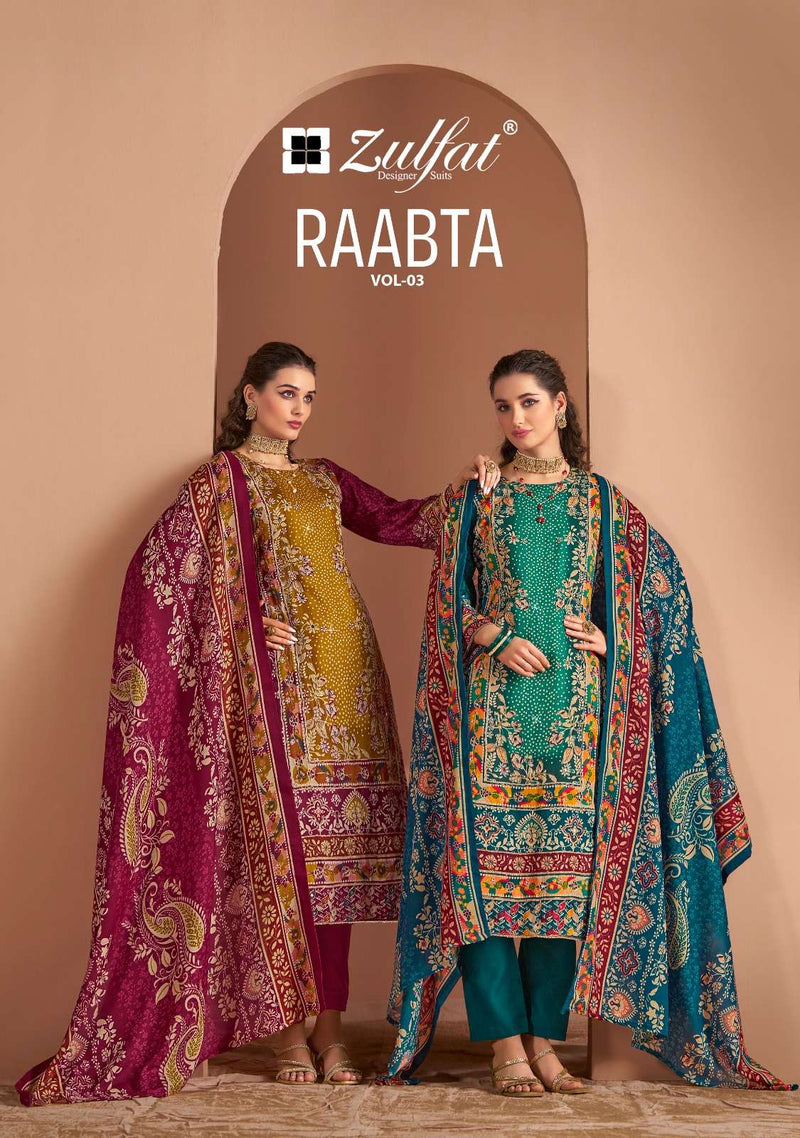 Zulfat Designer Suits Raabta Vol 3 Pure Jam Cotton Aari Handwork Salwar Suit