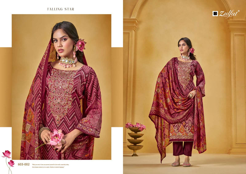 Zulfat Designer Suits Sajni Pure Jam Cotton Print Handwork Salwar Suit