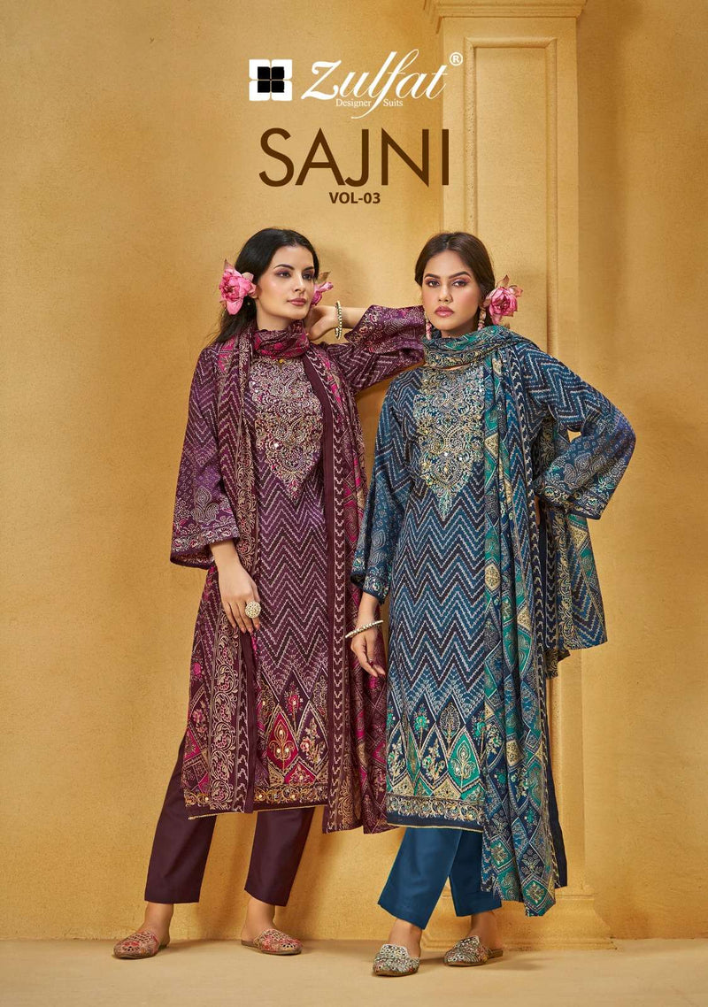 Zulfat Designer Suits Sajni Pure Jam Cotton Print Handwork Salwar Suit