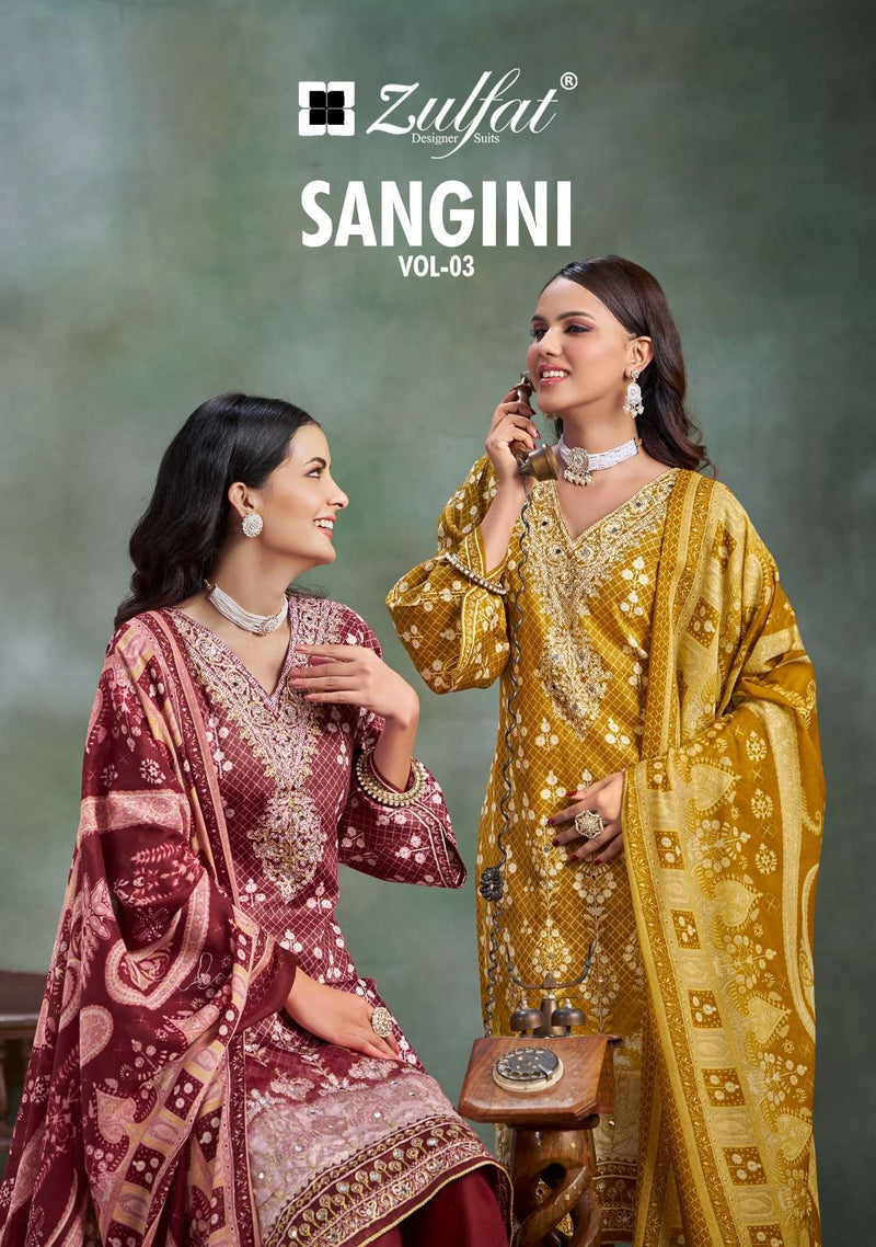 Zulfat Designer Suits Sangini Vol 3 Pure Jam Cotton Designer Print Handwork Suit