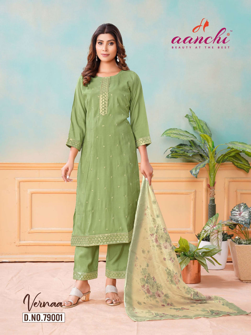 Aanchi Vernaa Silk Embroidery Festiv Wear Kurti Pant Dupatta Set