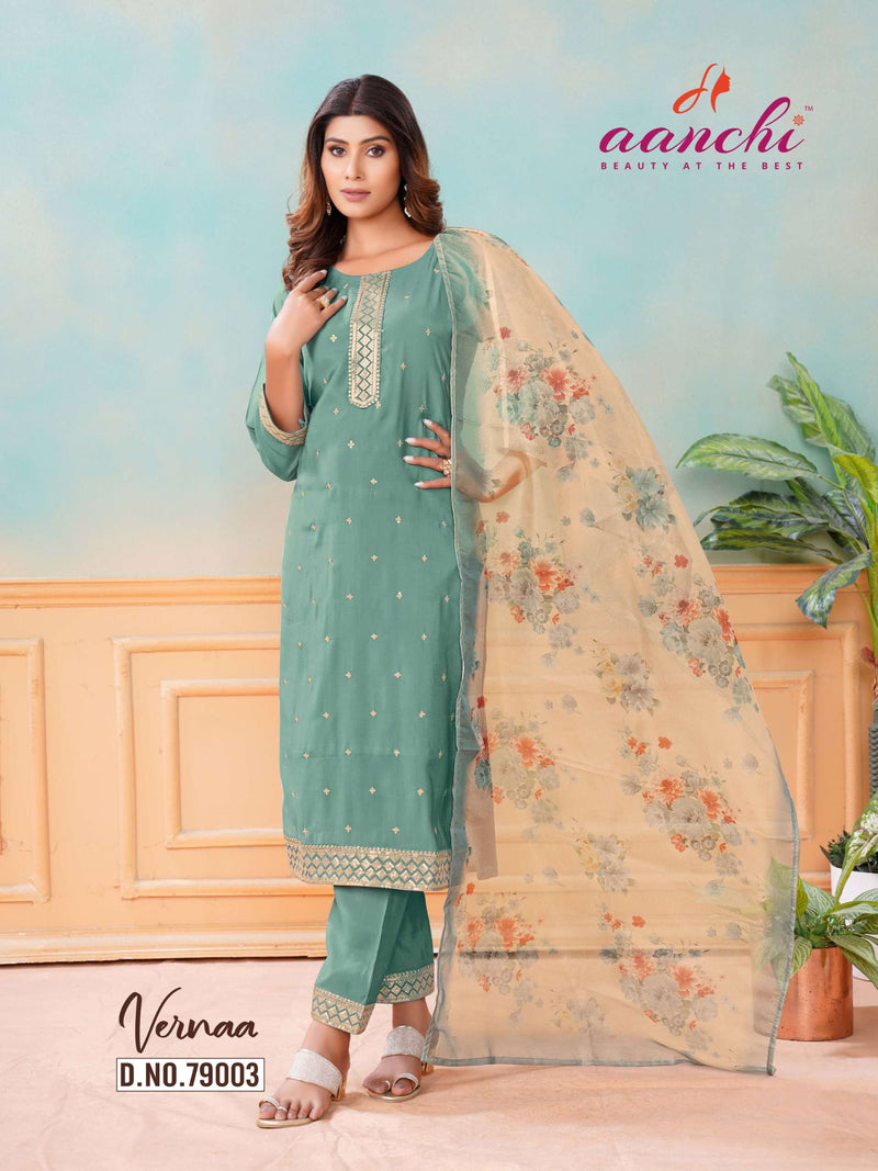 Aanchi Vernaa Silk Embroidery Festiv Wear Kurti Pant Dupatta Set