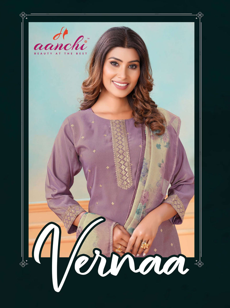 Aanchi Vernaa Silk Embroidery Festiv Wear Kurti Pant Dupatta Set