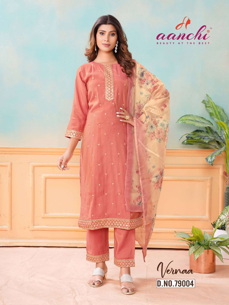 Aanchi Vernaa Silk Embroidery Festiv Wear Kurti Pant Dupatta Set