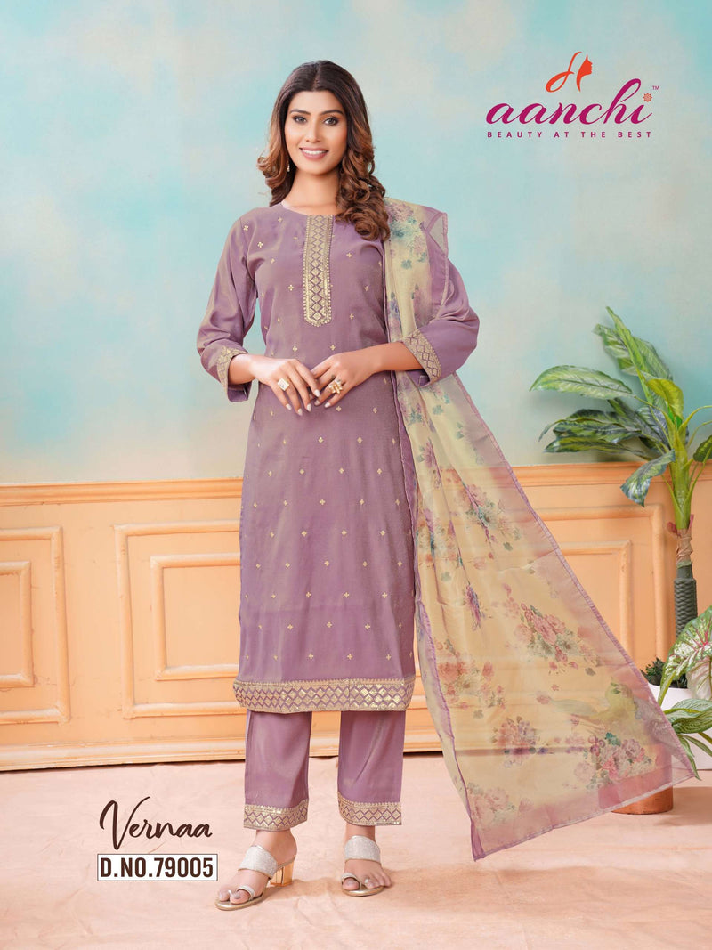 Aanchi Vernaa Silk Embroidery Festiv Wear Kurti Pant Dupatta Set