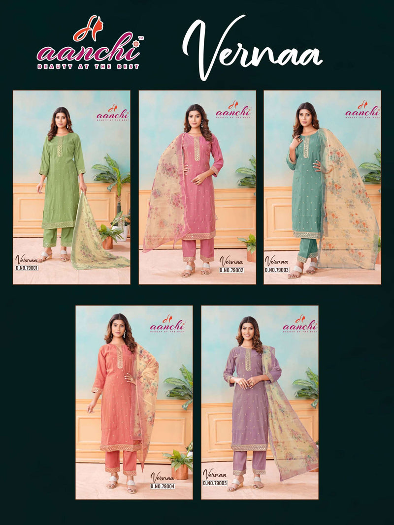 Aanchi Vernaa Silk Embroidery Festiv Wear Kurti Pant Dupatta Set