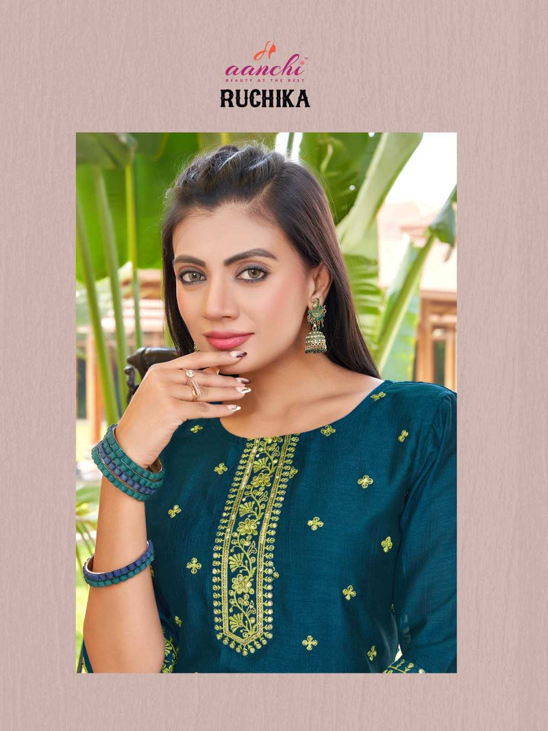 Aanchi Ruchika Vichitra Straight Cut Fancy Embroidery Work Casual Wear Kurti
