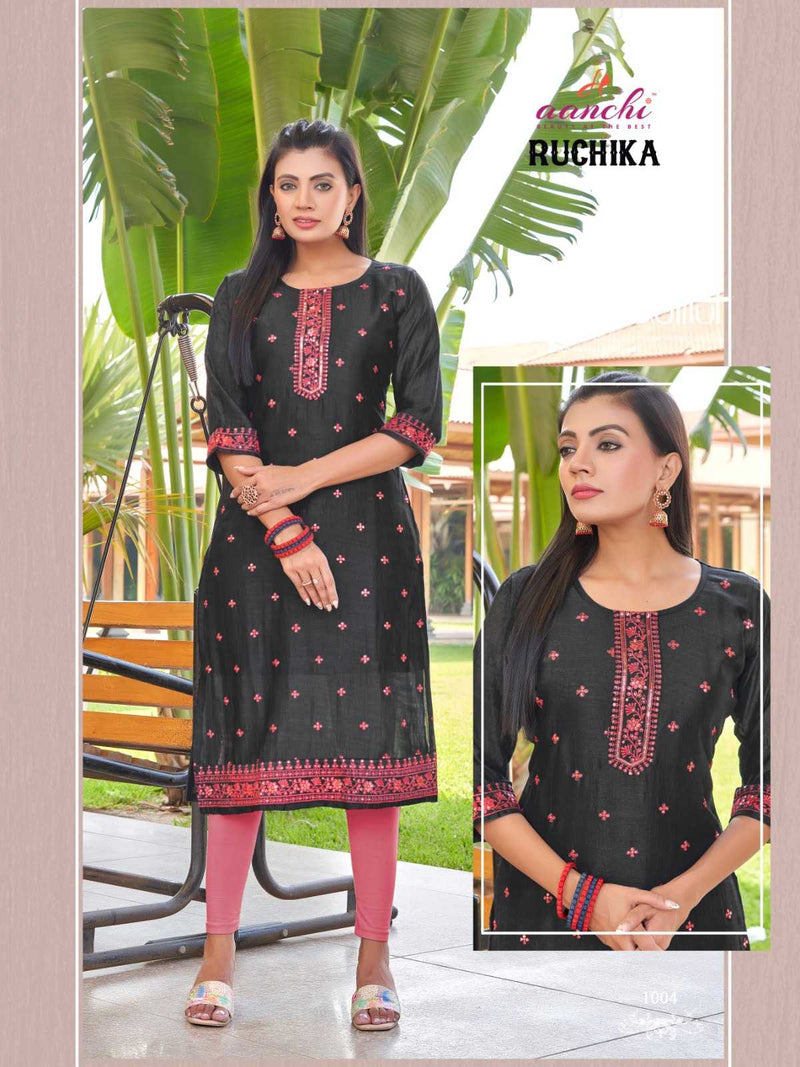 Aanchi Ruchika Vichitra Straight Cut Fancy Embroidery Work Casual Wear Kurti