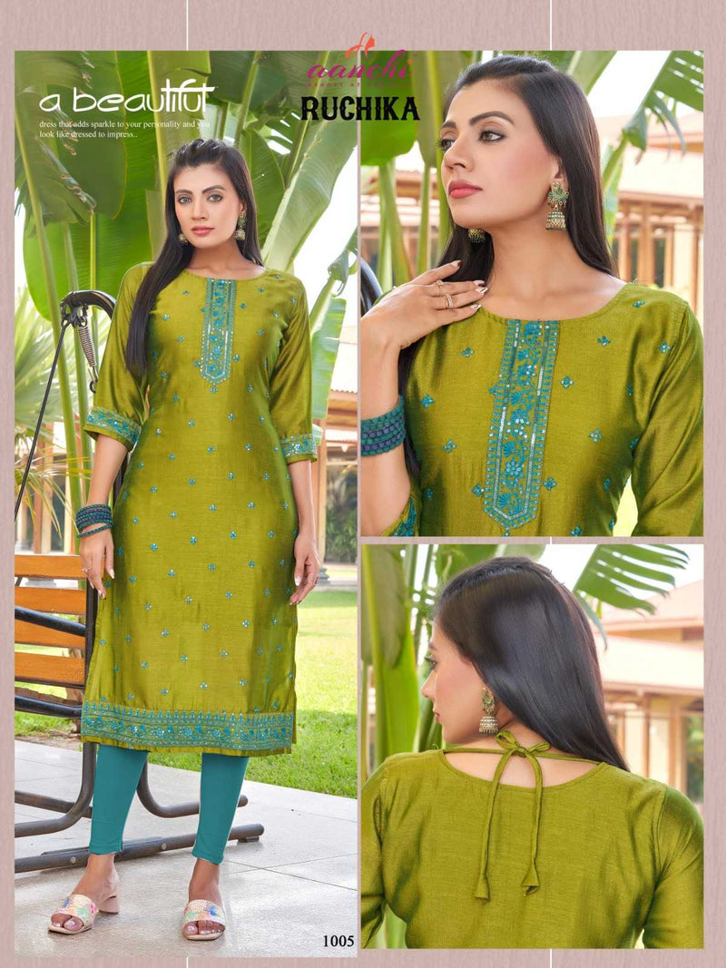 Aanchi Ruchika Vichitra Straight Cut Fancy Embroidery Work Casual Wear Kurti