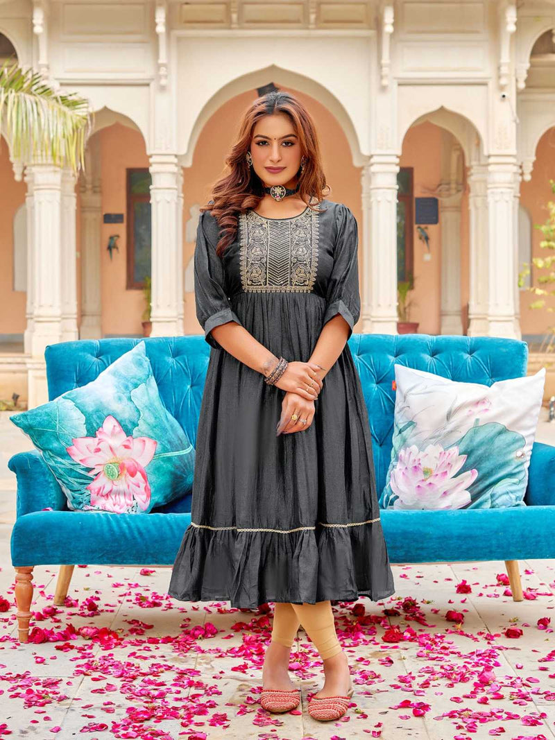 Aanchi Zeenat Vichitra Flair Fancy Embroidery Work Frill Fancy Kurti