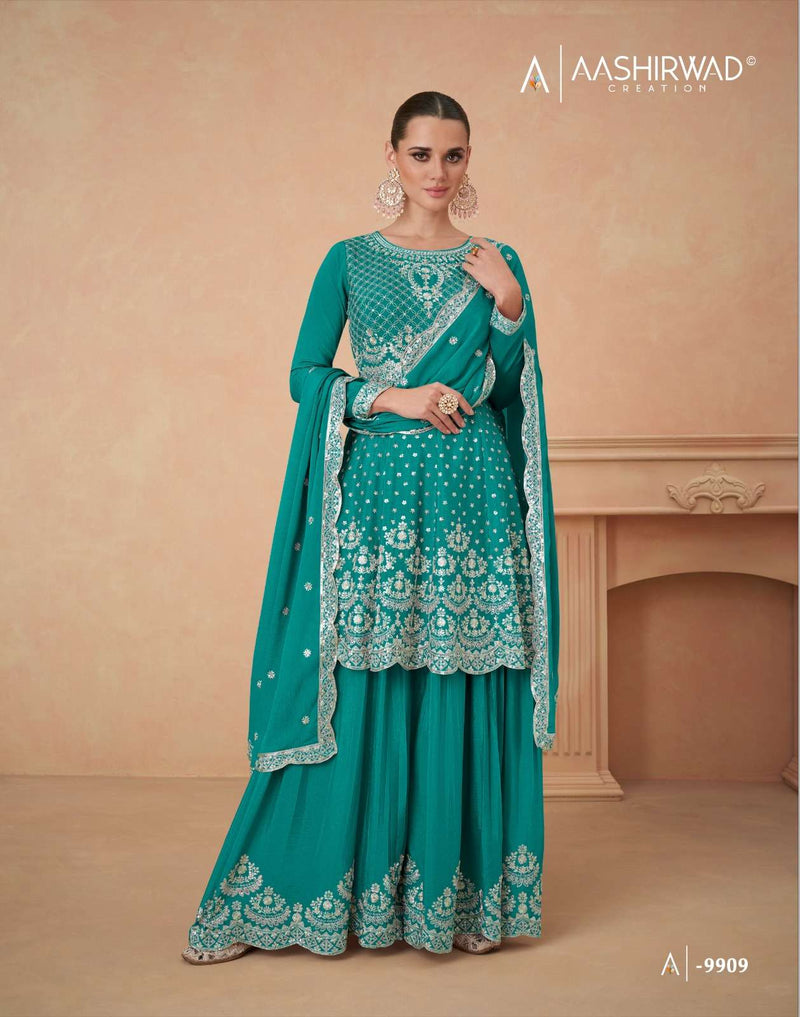 Aashirwad Creation Aahana Gold Chinon Silk Heavy Designer Party Wear Suit