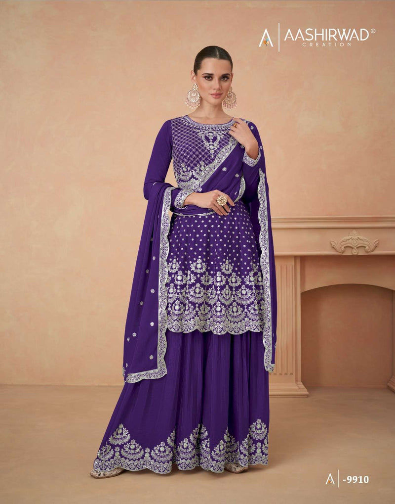 Aashirwad Creation Aahana Gold Chinon Silk Heavy Designer Party Wear Suit