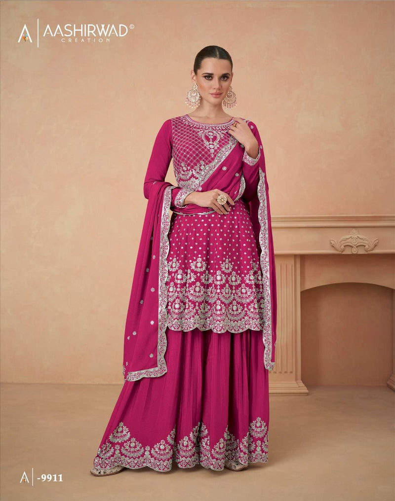 Aashirwad Creation Aahana Gold Chinon Silk Heavy Designer Party Wear Suit