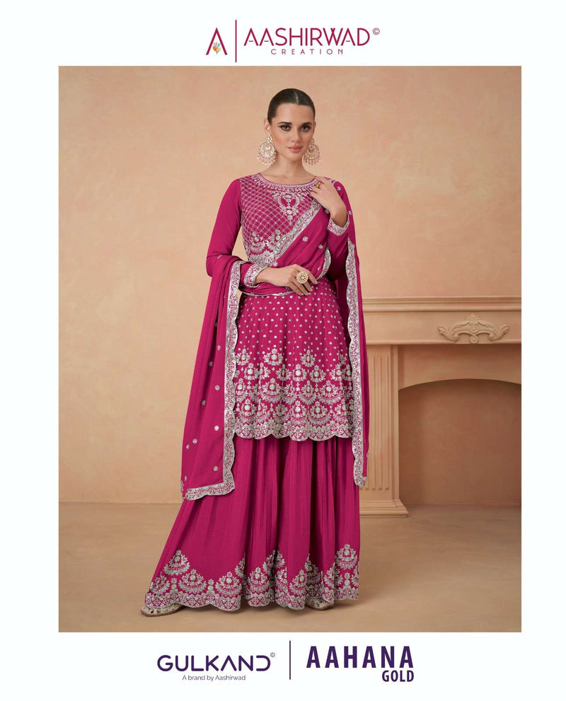 Aashirwad Creation Aahana Gold Chinon Silk Heavy Designer Party Wear Suit