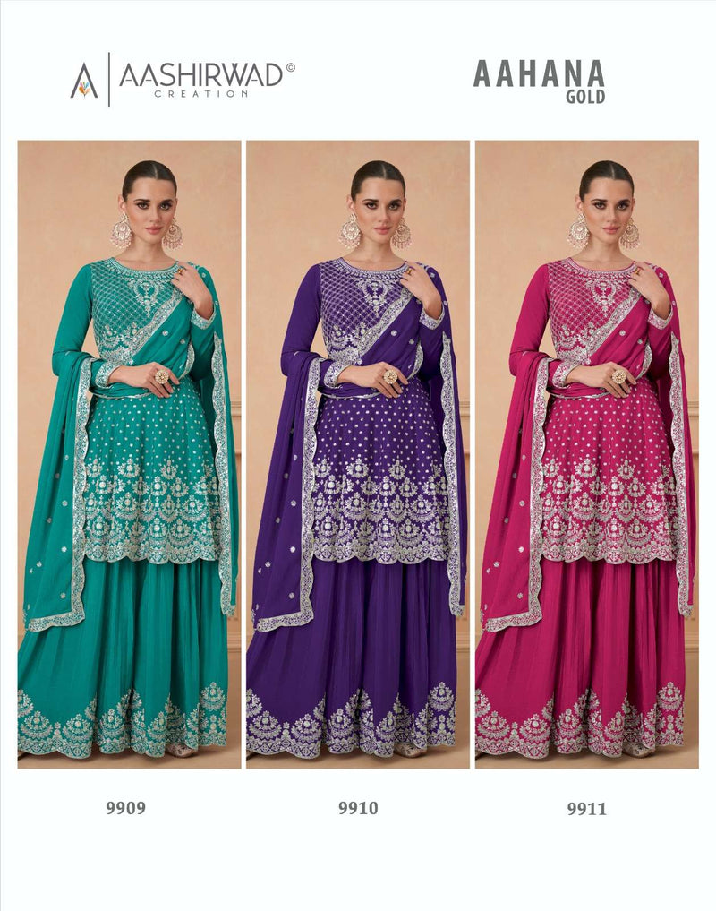 Aashirwad Creation Aahana Gold Chinon Silk Heavy Designer Party Wear Suit