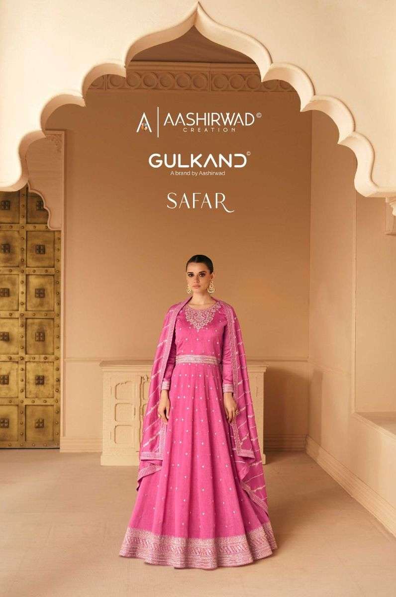 Aashirwad Creation Gulkand Safar Designer Work Readymade Long Gown With Dupatta