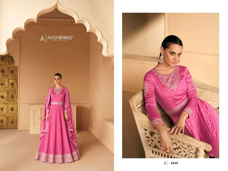 Aashirwad Creation Gulkand Safar Designer Work Readymade Long Gown With Dupatta