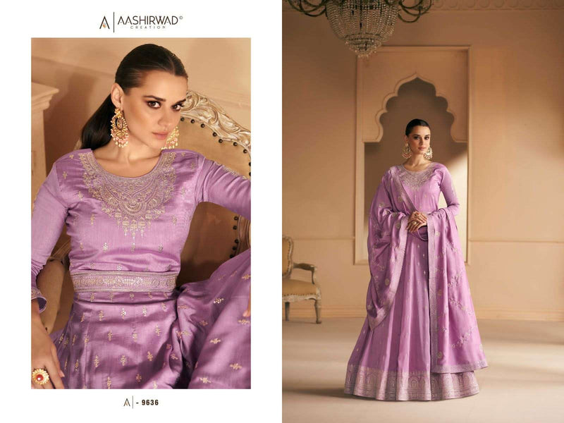 Aashirwad Creation Gulkand Safar Designer Work Readymade Long Gown With Dupatta