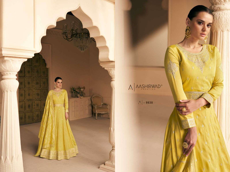 Aashirwad Creation Gulkand Safar Designer Work Readymade Long Gown With Dupatta
