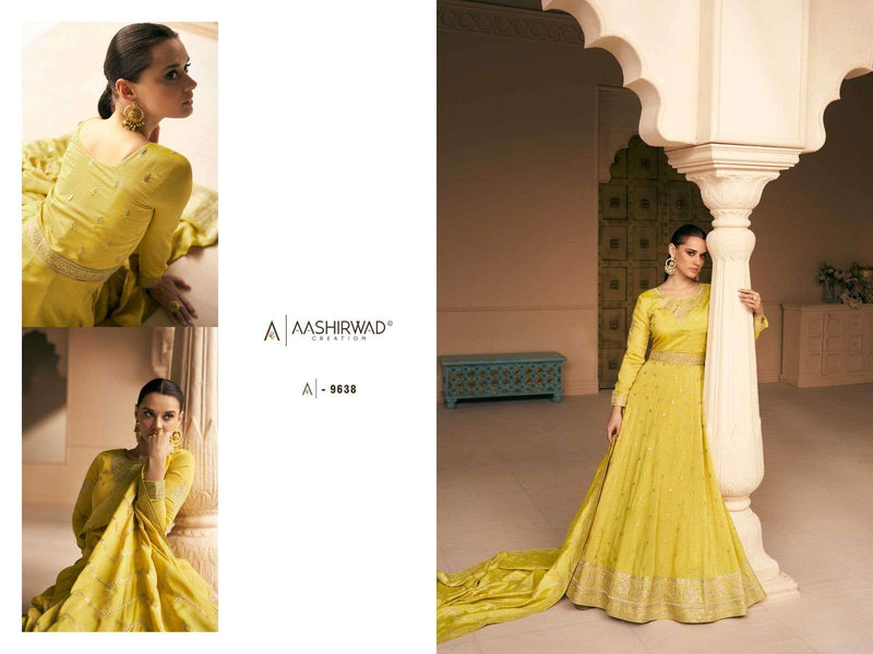 Aashirwad Creation Gulkand Safar Designer Work Readymade Long Gown With Dupatta