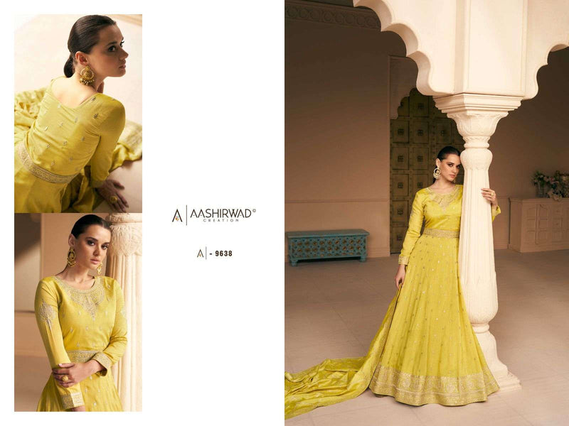 Aashirwad Creation Gulkand Safar Designer Work Readymade Long Gown With Dupatta