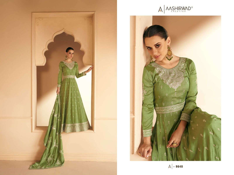 Aashirwad Creation Gulkand Safar Designer Work Readymade Long Gown With Dupatta