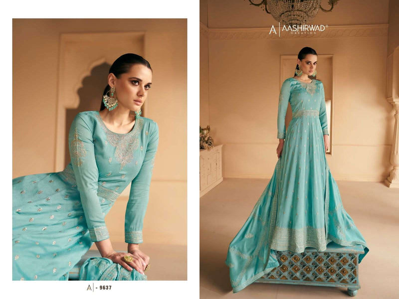 Aashirwad Creation Gulkand Safar Designer Work Readymade Long Gown With Dupatta