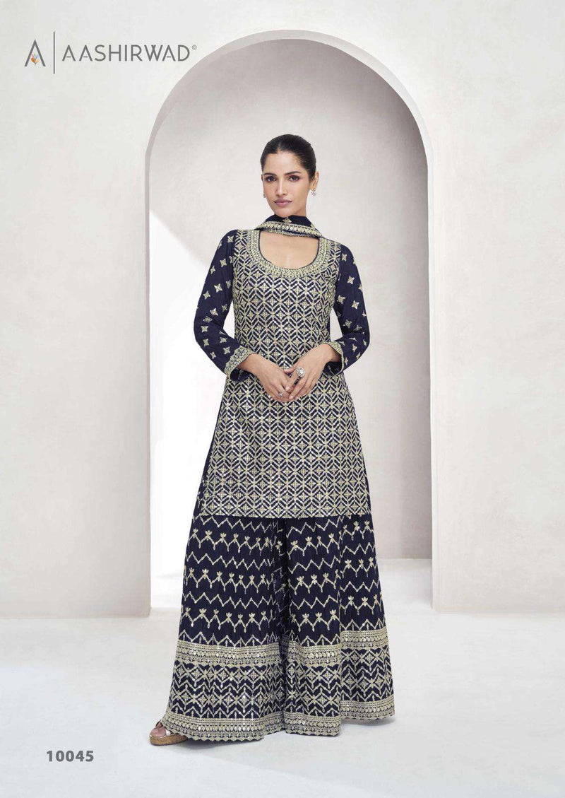 Aashirwad Creation Saachi Chinon Silk Designer Party Wear Kurti Plazo Dupatta Set