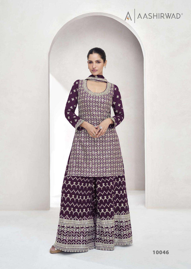 Aashirwad Creation Saachi Chinon Silk Designer Party Wear Kurti Plazo Dupatta Set