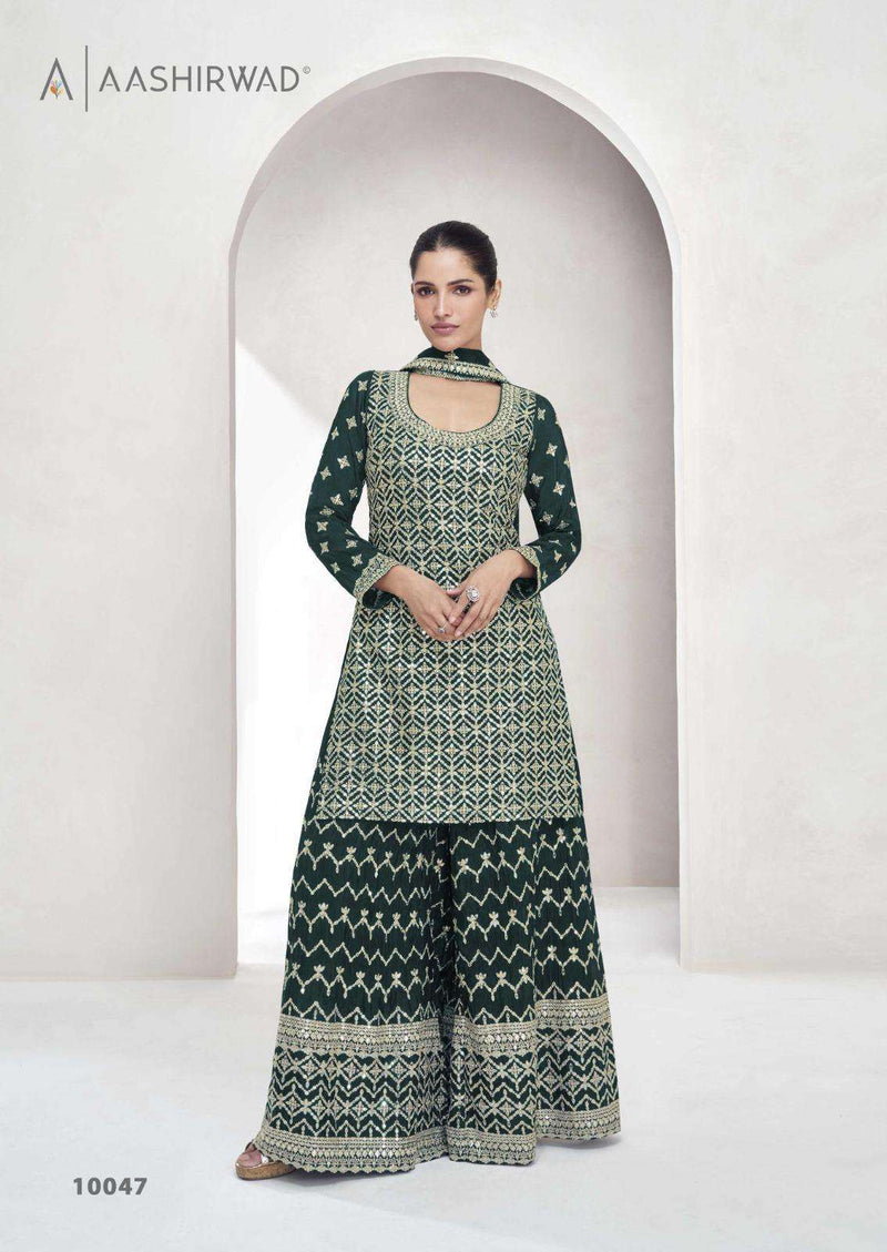 Aashirwad Creation Saachi Chinon Silk Designer Party Wear Kurti Plazo Dupatta Set
