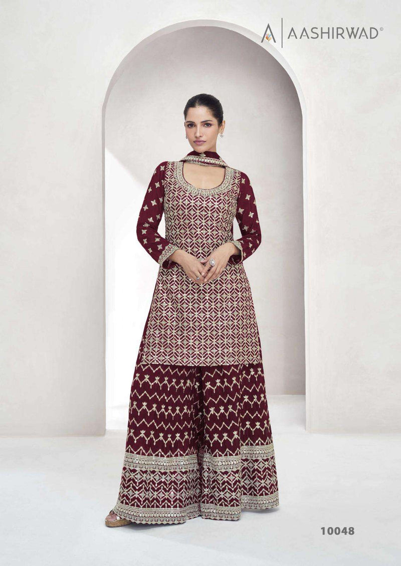 Aashirwad Creation Saachi Chinon Silk Designer Party Wear Kurti Plazo Dupatta Set