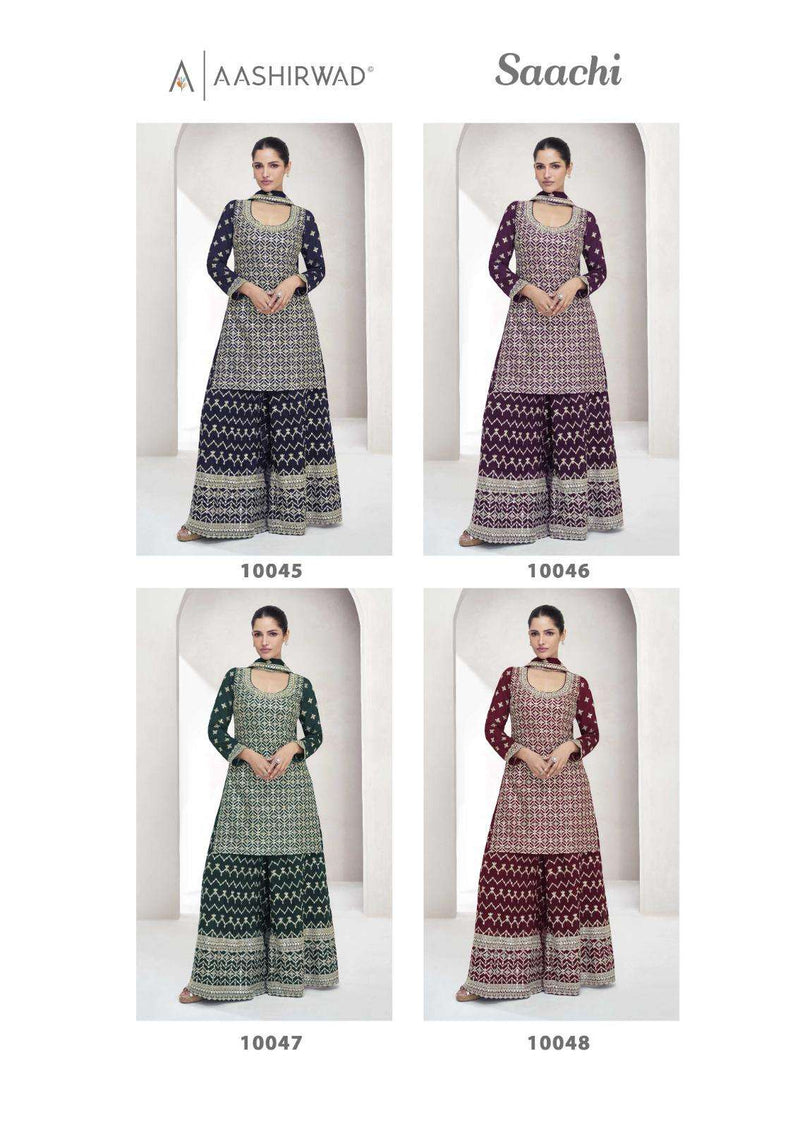 Aashirwad Creation Saachi Chinon Silk Designer Party Wear Kurti Plazo Dupatta Set
