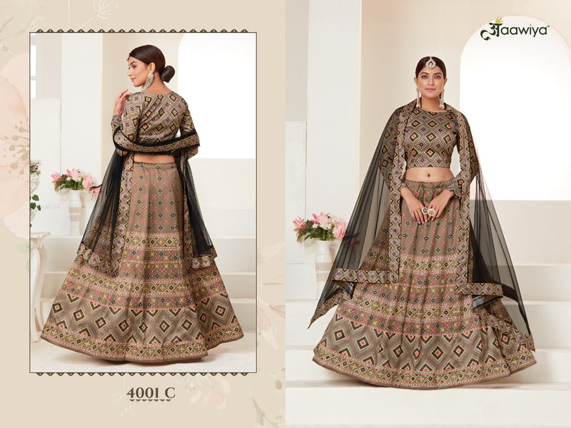 Aawiya Official Rosy 4001 Colours Ajmeri Silk Digital Printed Lehngas