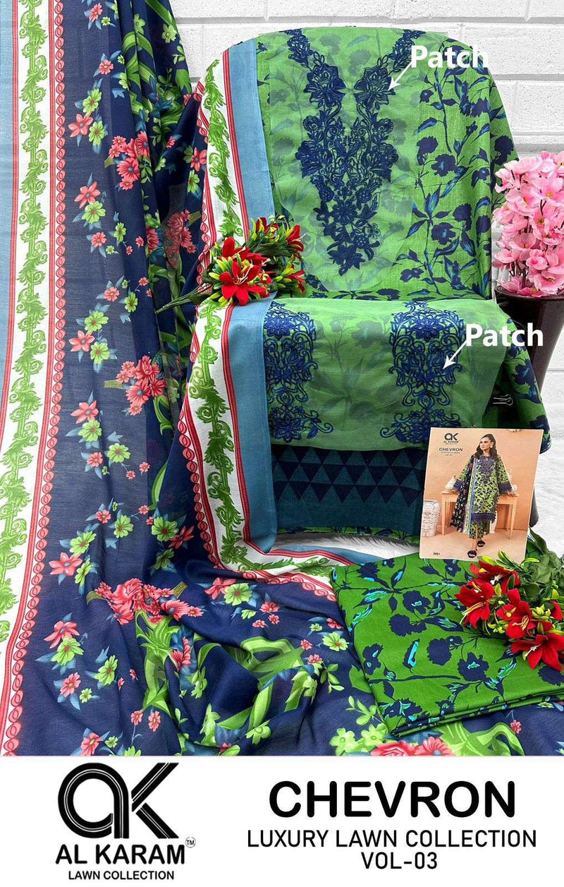 Al Karam Chevron Luxury Lawn Colleciton Vol 3 Cotton Print Patch Work Salwar Suit