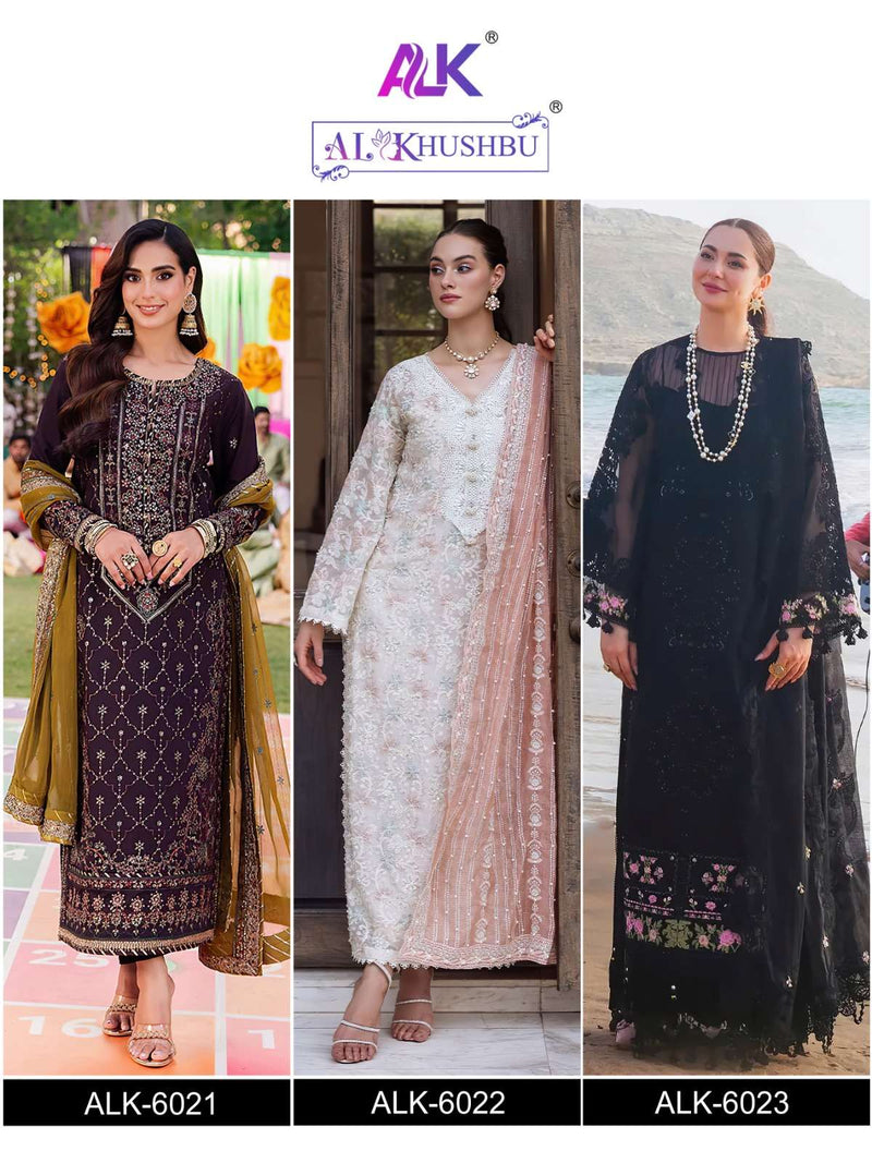 Al Khushbu Design No 6021 22 23 Georgette Heavy Embroidered Party Wear Suit
