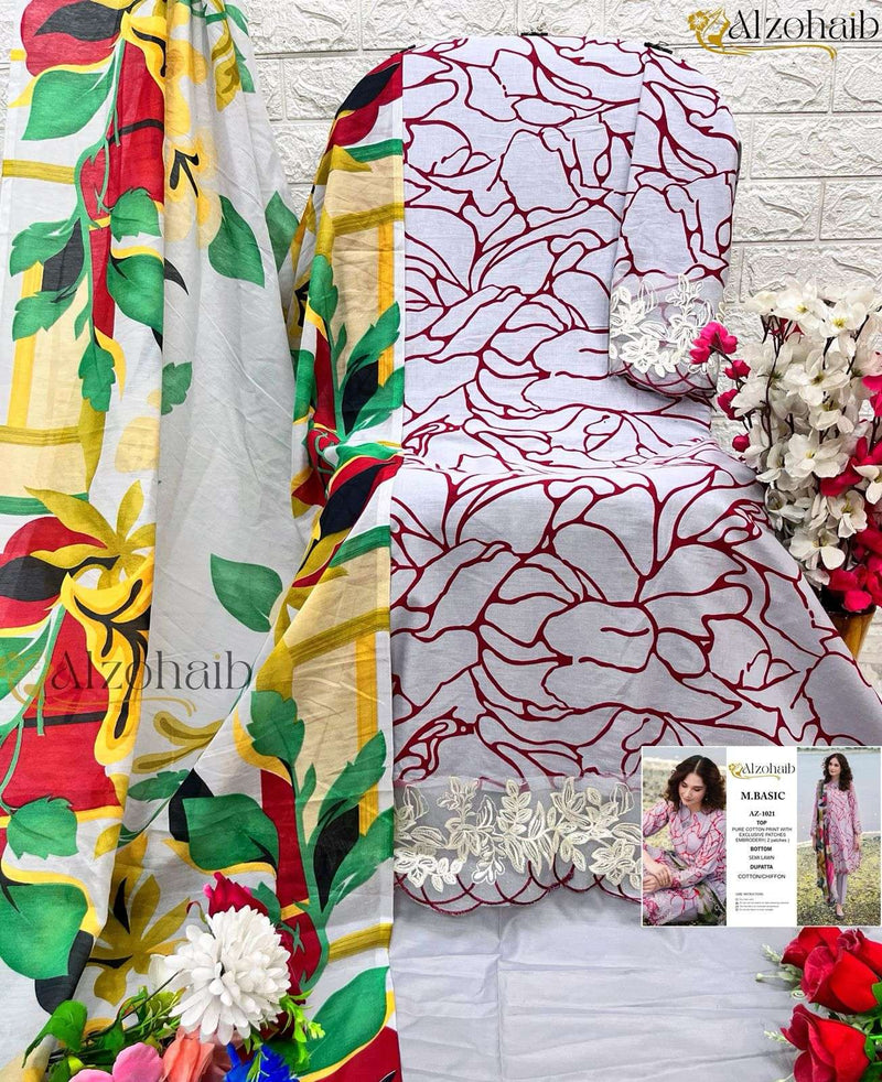 Al Zohaib M Basic Cotton Print Embrodairy Patches Fancy Salwar Suit